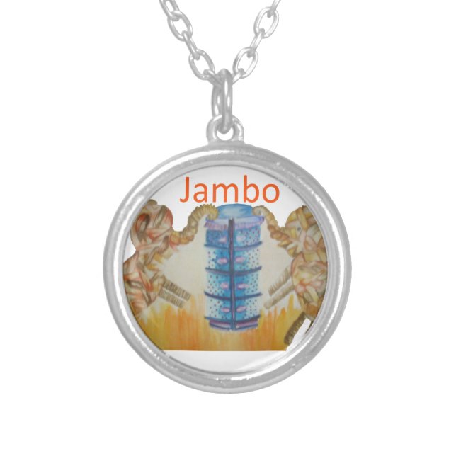 Jambo Jumbo African Kids Elephants Art Print Silver Plated Necklace (Front)