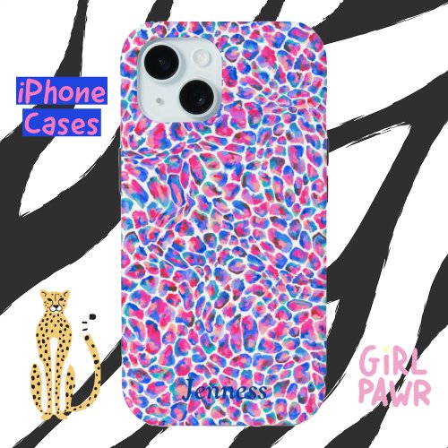 Jameela Cheetah Leopard Animal Print Pink Blue iPhone 15 Case