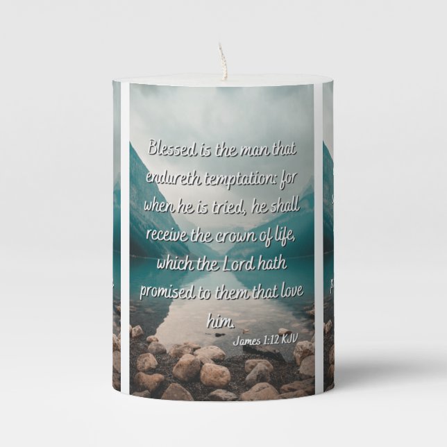James 1:12 KJV Bible Verse Pillar Candle (Front)