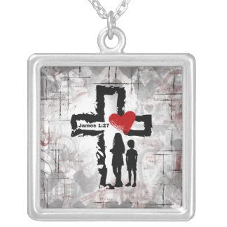 James 1:27 Square Necklace, Silver Plated Necklace