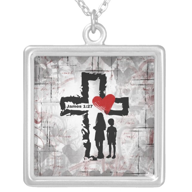 James 1:27 Square Necklace, Silver Plated Necklace (Front)