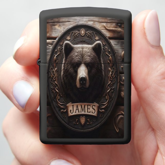 James' Bear Carved Wooden Plaque Totem Zippo Lighter (In Hand)