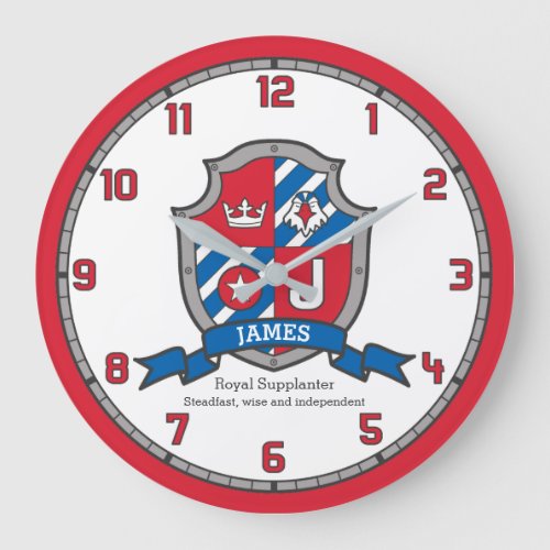 James boys name meaning letter J bird crest Large Clock