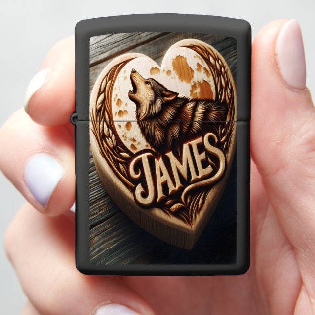 James Carved Wolf Heart  Zippo Lighter (In Hand)