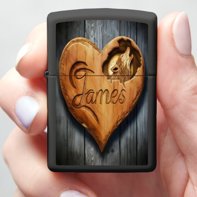 James' Carved Wolf Heart Zippo Lighter (In Hand)