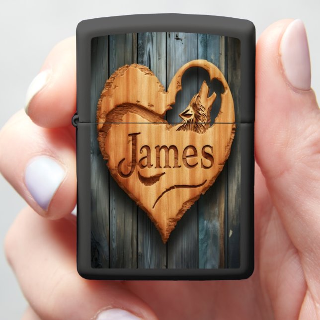 James Carved Wooden Heart With Wolf Zippo Lighter (In Hand)