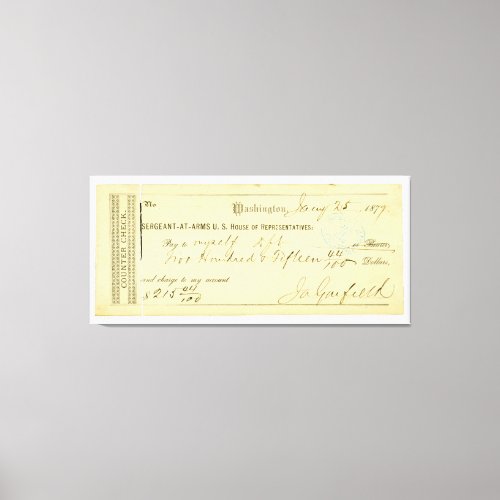 James Garfield Signed Check from January 25th 1877 Canvas Print