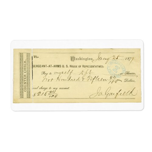 James Garfield Signed Check from January 25th 1877 Label
