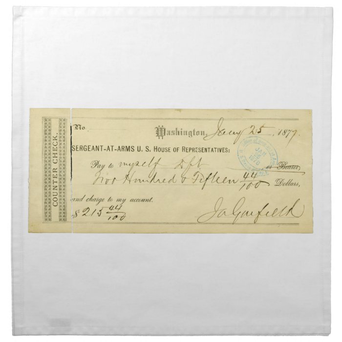James Garfield Signed Check January 25th 1877 Cloth Napkins