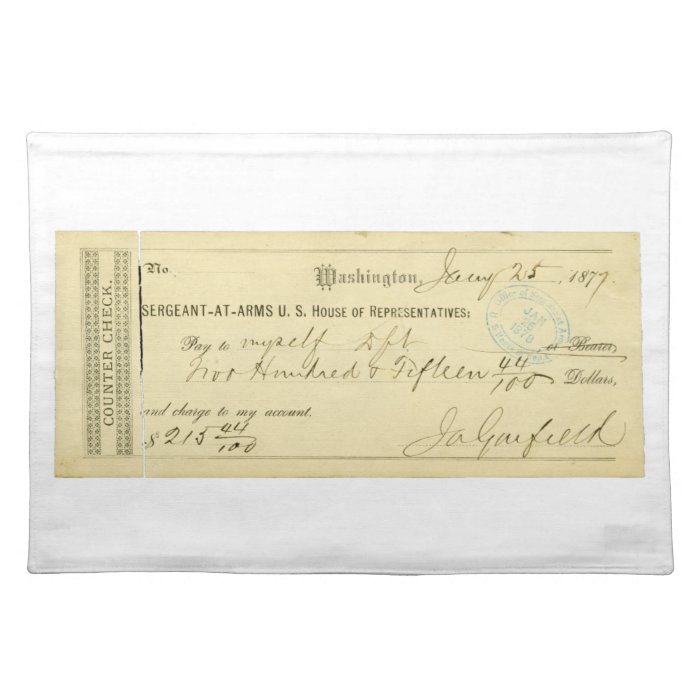James Garfield Signed Check January 25th 1877 Place Mats