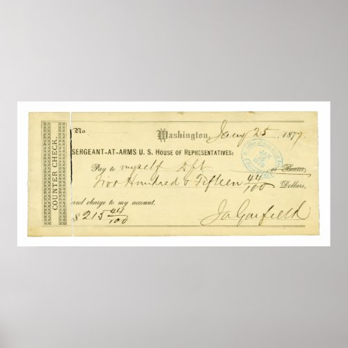 James Garfield Signed Check from January 25th 1877 Poster