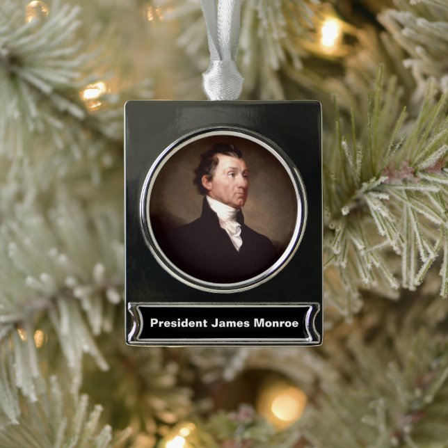 James Monroe Portrait, Early American President Silver Plated Banner Ornament (Tree)