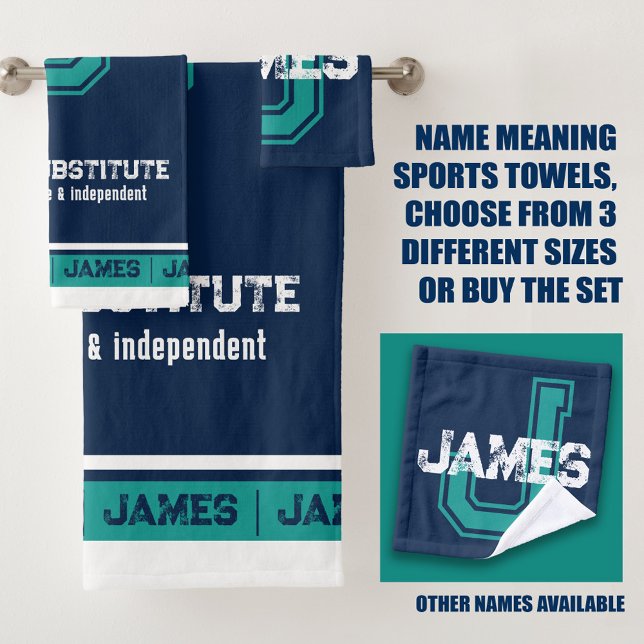 James name meaning sporty style dark blue teal bath towel set (Creator Uploaded)