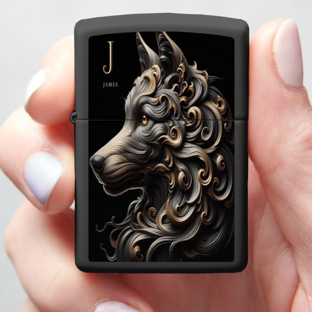 James Ornate Wolf Portrait Zippo Lighter (In Hand)
