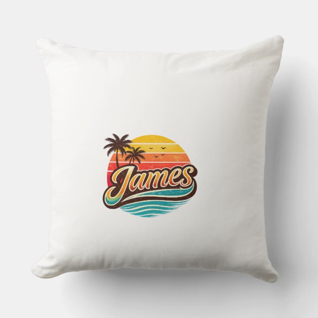 James Retro Sunset Tropical Name Design Throw Pillow (Front)