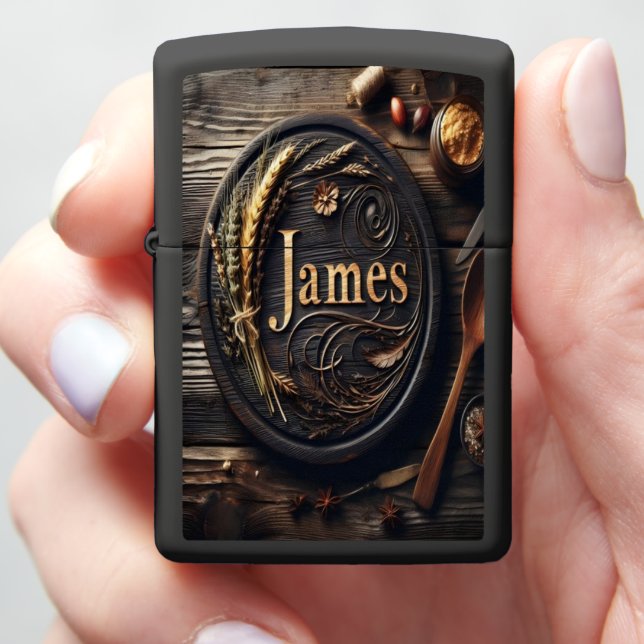 James Rustic Wooden Sign With Wheat Zippo Lighter (In Hand)