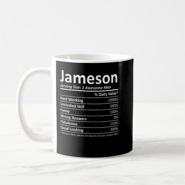 JAMESON Nutrition Funny Birthday Personalized Name Coffee Mug (Left)