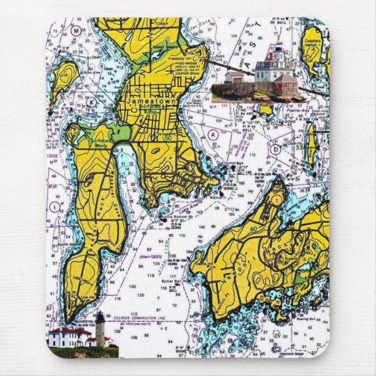 Jamestown RI Nautical Chart with Lighthouses Mouse Pad