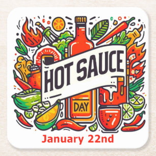Jan 22nd - Hot Sauce Day Square Paper Coaster