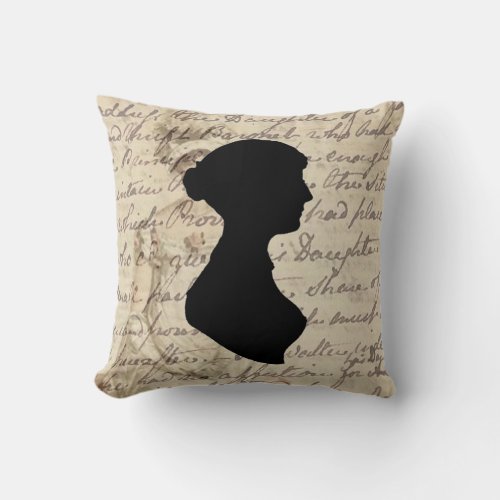 Jane Austen and transcript and silhouette Throw Pillow