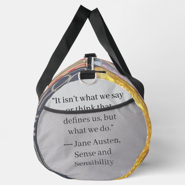 Jane Austen Books + Quote (gray) Duffle Bag (Right)