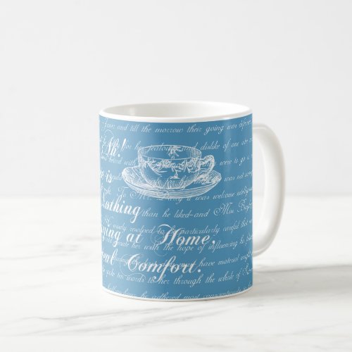 Jane Austen Home Text Blue and White Mug