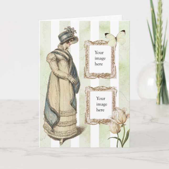 Jane Austen inspired vintage blue striped photo Card (Front)