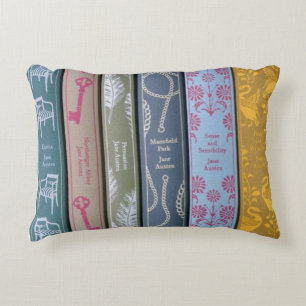 Jane Austen on one side and her books on the other Accent Pillow