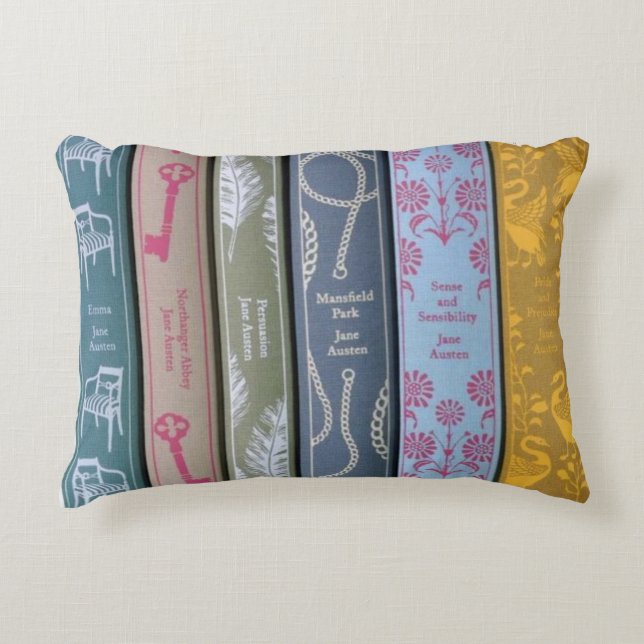 Jane Austen on one side and her books on the other Accent Pillow (Front)
