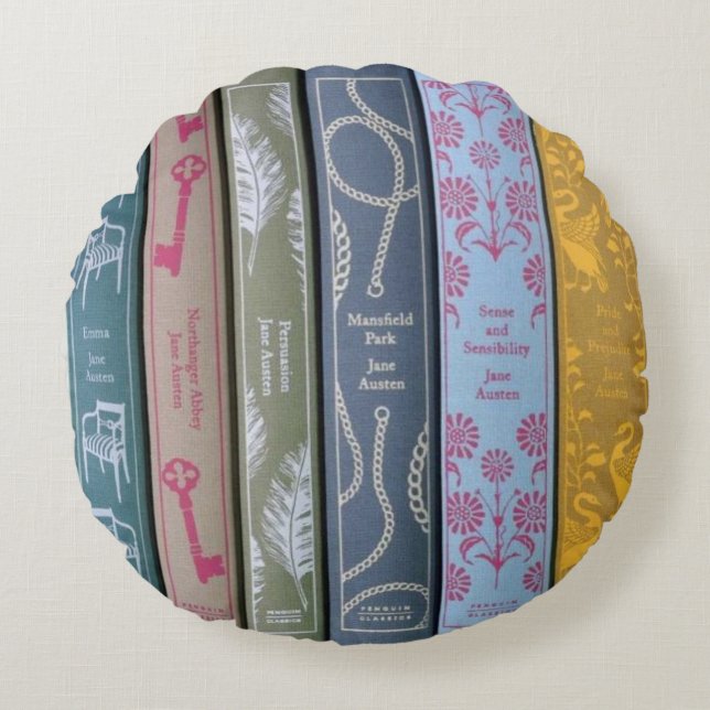 Jane Austen on one side and her books on the other Round Pillow (Front)
