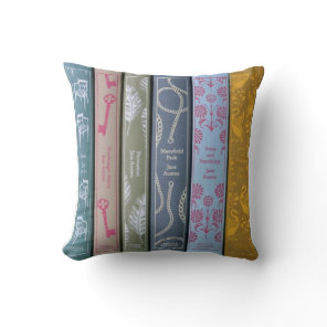 Jane Austen on one side and her books on the other Throw Pillow