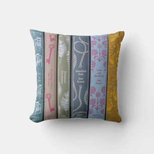Jane Austen on one side and her books on the other Throw Pillow
