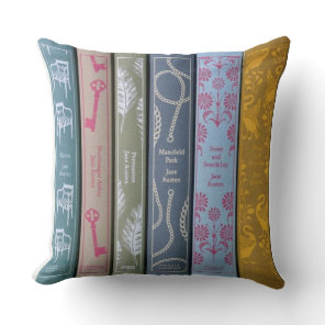 Jane Austen on one side and her books on the other Throw Pillow