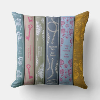 Jane Austen on one side and her books on the other Throw Pillow