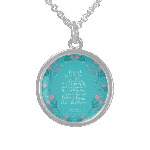 Jane Austen Pride and Prejudice Teal  Pink Floral Sterling Silver Necklace