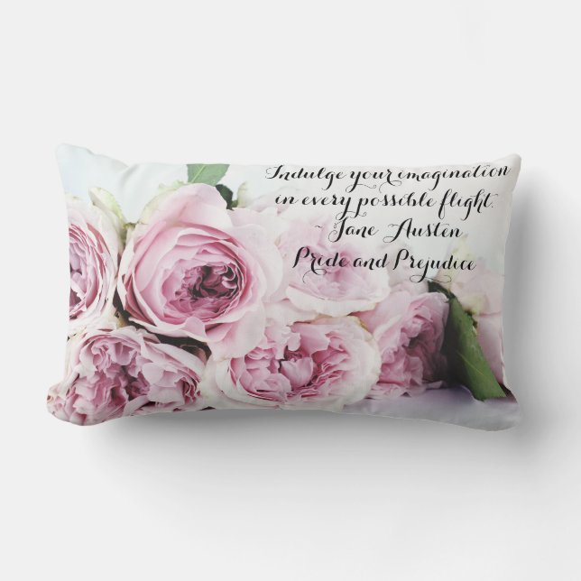 Jane Austen Pride & Prejudice Book Quote Pink Rose Lumbar Pillow (Front)
