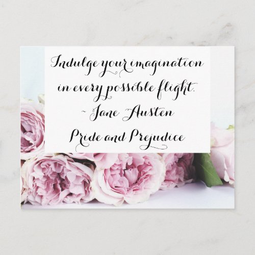 Jane Austen Pride  Prejudice Book Quote Pink Rose Postcard