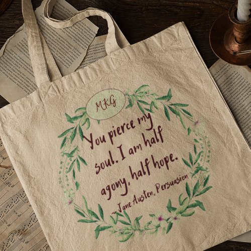 Jane Austen Quote Romantic Monogram Bookworm Tote Bag
