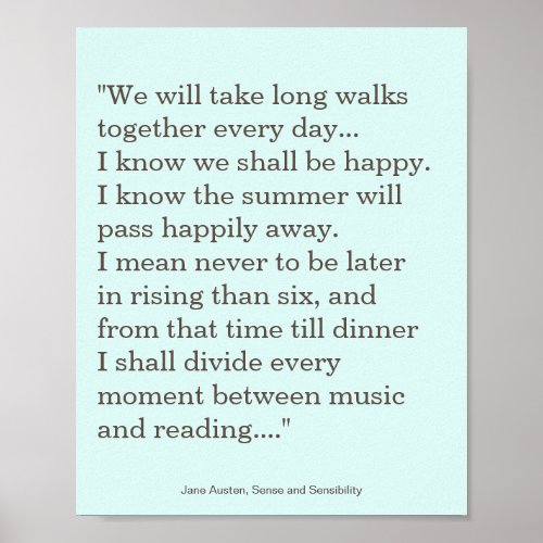 Jane Austen Reading and Music quote Poster