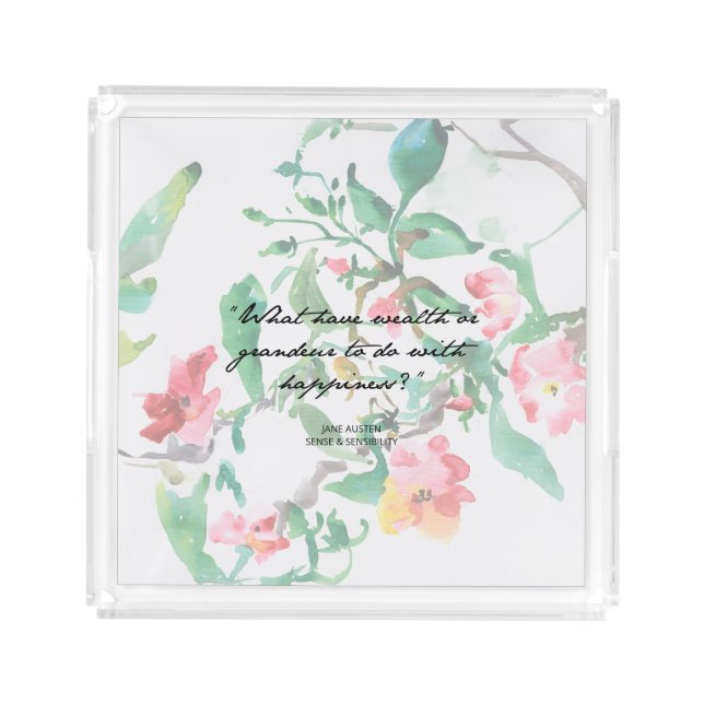 Jane Austen Watercolor Roses Quote Square Tray (Front)