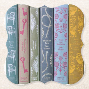 Jane Austen's novels on a paper coaster