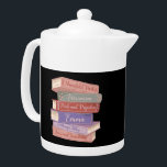 Jane Austen's Novels V Teapot<br><div class="desc">Atemporal design, perfect for anyone who loves Jane Austen's novels and English Literature! Sense and Sensibility and Pride and Prejudice and Mansfield Park and Emma and Northanger Abbey and Persuasion. Jane Austen's books illustrations for Jane Austen Society of North America JASNA or a Jane Austen Festival. Have you read Jane...</div>