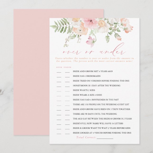 JANE Blush Floral Over or Under Bridal Game Card (Front/Back)