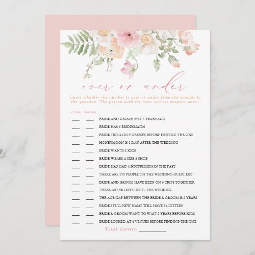 JANE Blush Floral Over or Under Bridal Game Card