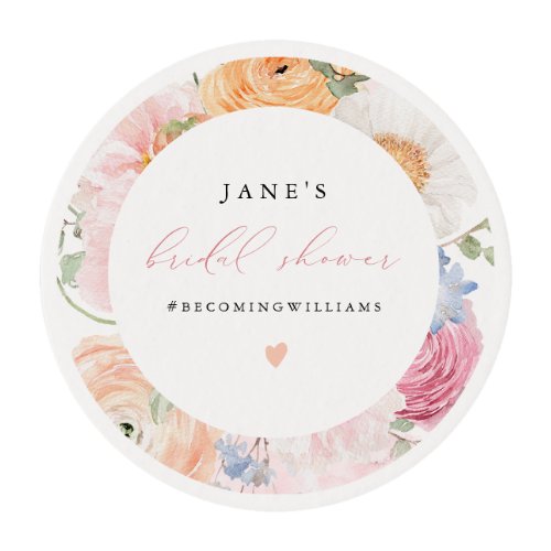 JANE Blush Floral Petals  Prosecco Bridal Shower Edible Frosting Rounds