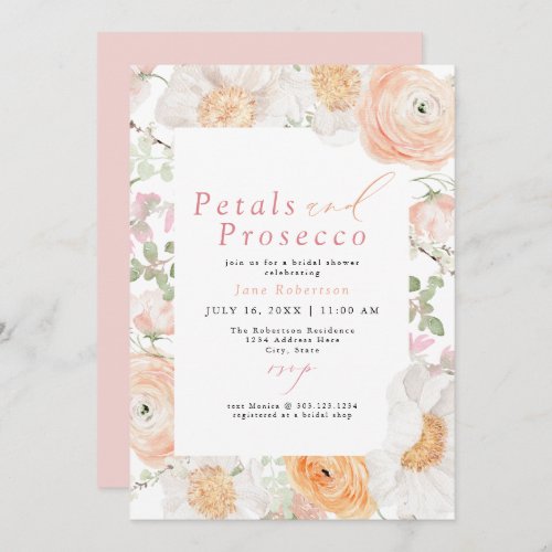 JANE Blush Floral Petals  Prosecco Bridal Shower Invitation