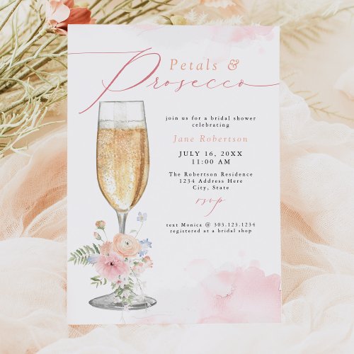 JANE Blush Floral Petals  Prosecco Bridal Shower Invitation