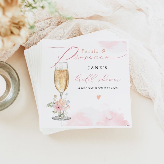 JANE Blush Floral Petals & Prosecco Bridal Shower Napkins (Creator Uploaded)