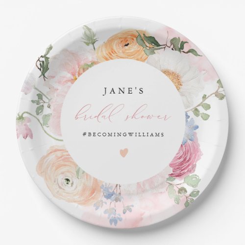 JANE Blush Floral Petals  Prosecco Bridal Shower Paper Plates