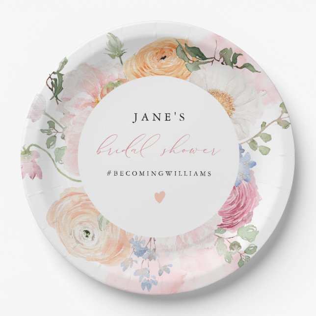 JANE Blush Floral Petals & Prosecco Bridal Shower Paper Plates (Front)